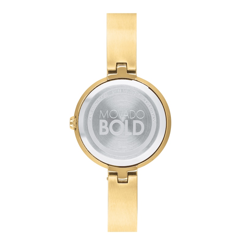 Ladies' Movado Bold®Crystal Gold-Tone Bangle Watch with Transparent Mother-of Pearl Dial (Model: 3600627)|Peoples Jewellers