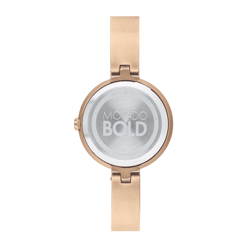 Ladies' Movado Bold®Crystal Rose-Tone Bangle Watch with Transparent Mother-of Pearl Dial (Model: 3600628)