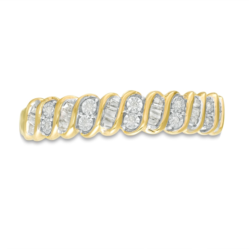 0.12 CT. T.W. Baguette and Round Diamond Stackable Spiral Anniversary Band in 10K Gold