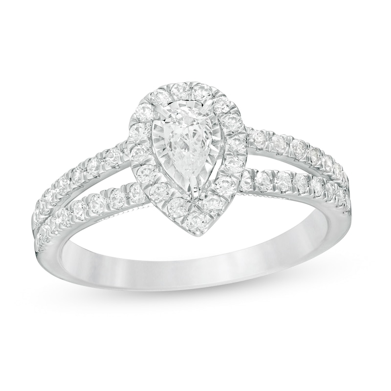 0.75 CT. T.W. Pear-Shaped Diamond Frame Split Shank Vintage-Style Engagement Ring in 14K White Gold