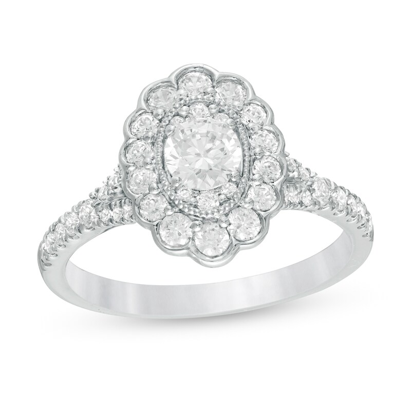 Main Image 1 of 0.95 CT. T.W. Certified Canadian Diamond Scallop Frame Vintage-Style Engagement Ring in 14K White Gold (I/I1)