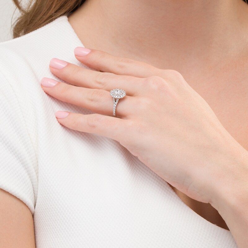Main Image 2 of 0.95 CT. T.W. Certified Canadian Diamond Scallop Frame Vintage-Style Engagement Ring in 14K White Gold (I/I1)