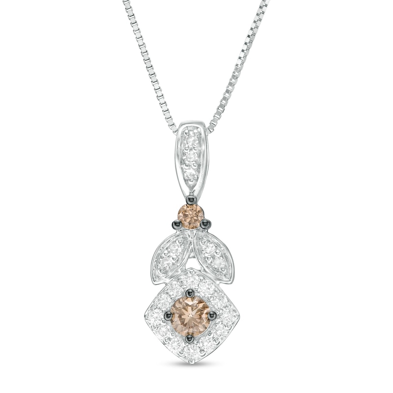 0.32 CT. T.W. Champagne and White Diamond Tilted Cushion Frame Pendant in 10K White Gold