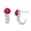 Thumbnail Image 0 of 5.0mm Cushion-Cut Lab-Created Ruby and 0.115 CT. T.W. Diamond Starburst Frame J-Hoop Earrings in Sterling Silver