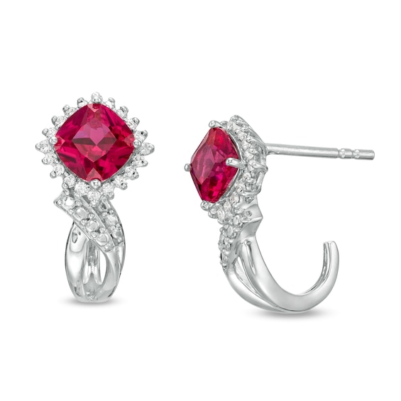 5.0mm Cushion-Cut Lab-Created Ruby and 0.115 CT. T.W. Diamond Starburst Frame J-Hoop Earrings in Sterling Silver