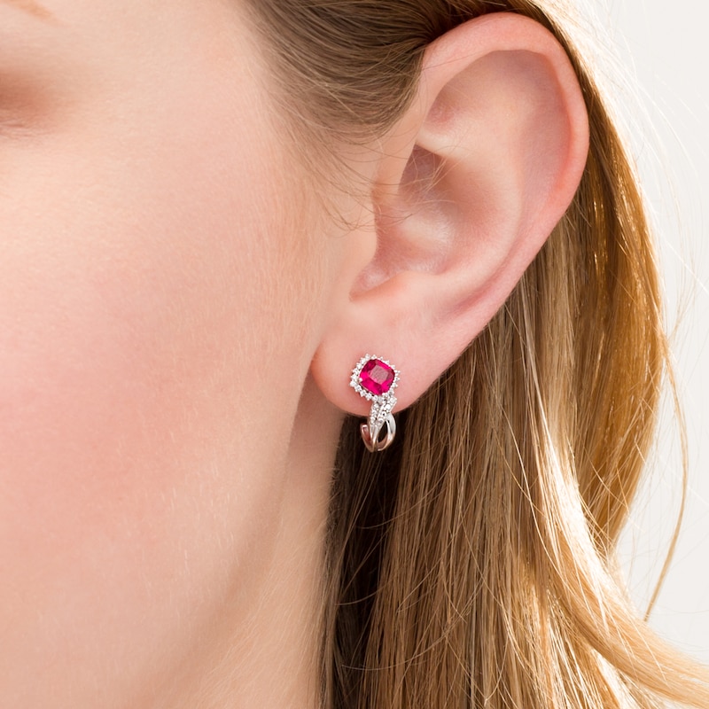 5.0mm Cushion-Cut Lab-Created Ruby and 0.115 CT. T.W. Diamond Starburst Frame J-Hoop Earrings in Sterling Silver