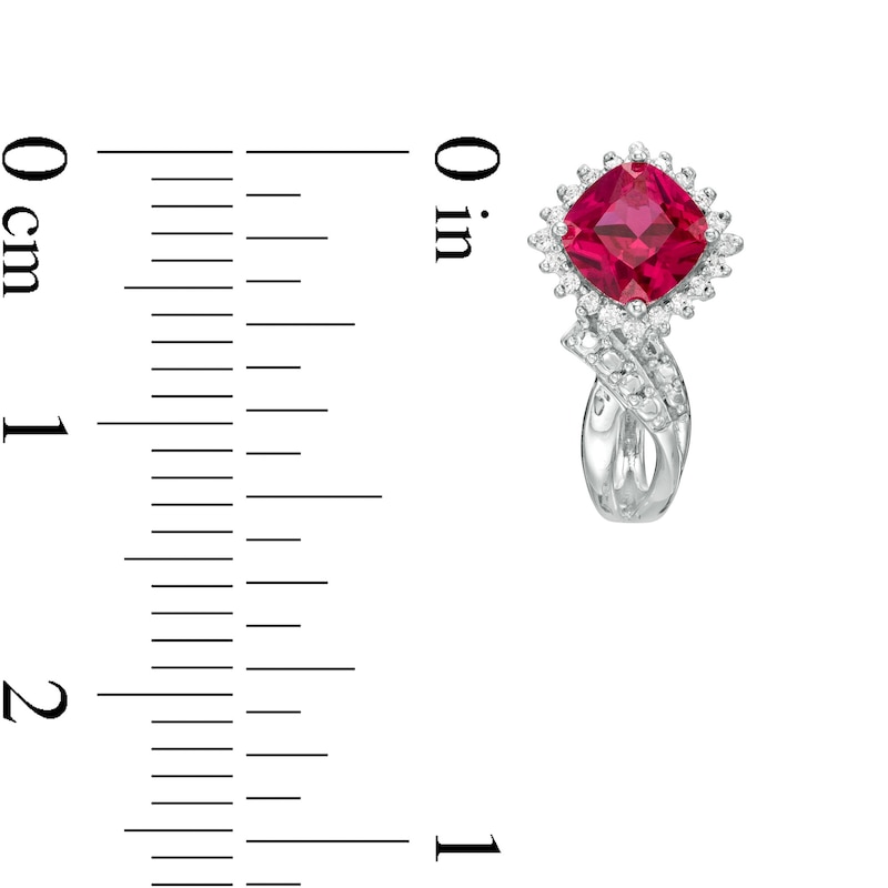 5.0mm Cushion-Cut Lab-Created Ruby and 0.115 CT. T.W. Diamond Starburst Frame J-Hoop Earrings in Sterling Silver