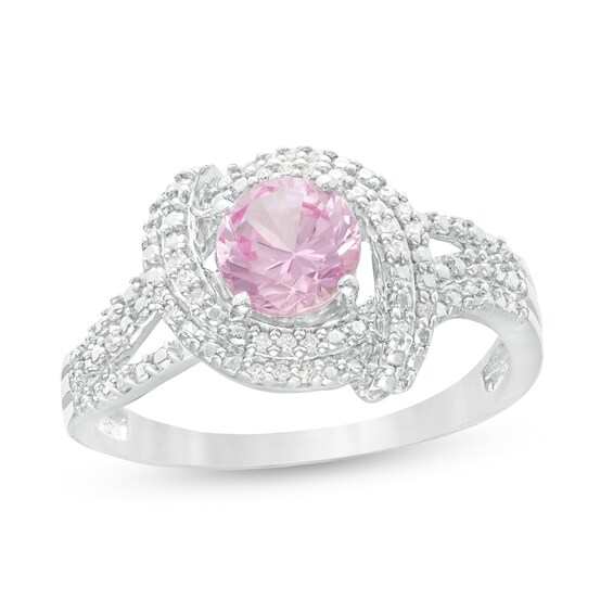 6.0mm Lab-Created Pink Sapphire and 0.085 CT. T.W. Diamond Double Row Swirl Ring in Sterling Silver