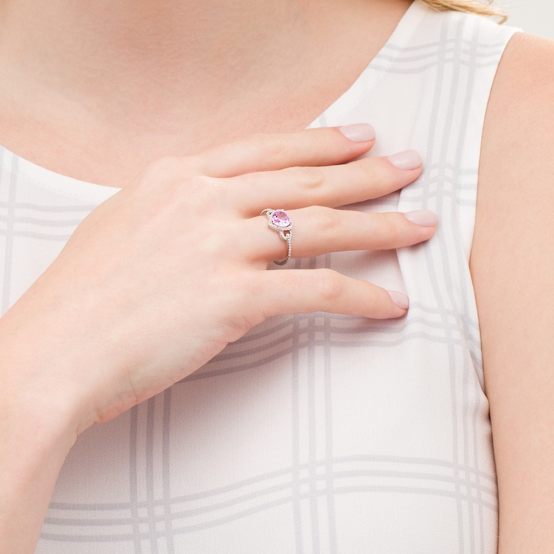 Main Image 2 of Heart-Shaped Lab-Created Pink Sapphire and 0.065 CT. T.W. Diamond Frame Buckle Ring in Sterling Silver