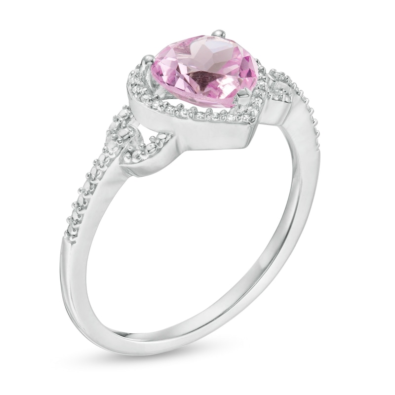 Main Image 3 of Heart-Shaped Lab-Created Pink Sapphire and 0.065 CT. T.W. Diamond Frame Buckle Ring in Sterling Silver