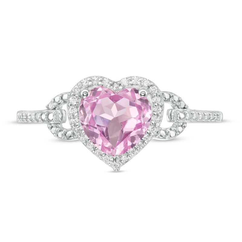 Main Image 4 of Heart-Shaped Lab-Created Pink Sapphire and 0.065 CT. T.W. Diamond Frame Buckle Ring in Sterling Silver