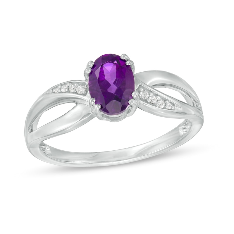 Oval Amethyst and Diamond Accent Split Shank Ring in 10K White Gold|Peoples Jewellers