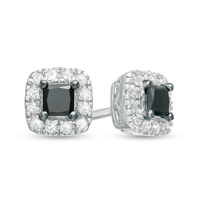 Main Image 1 of 0.24 CT. T.W. Enhanced Black and White Princess-Cut Diamond Frame Stud Earrings in Sterling Silver