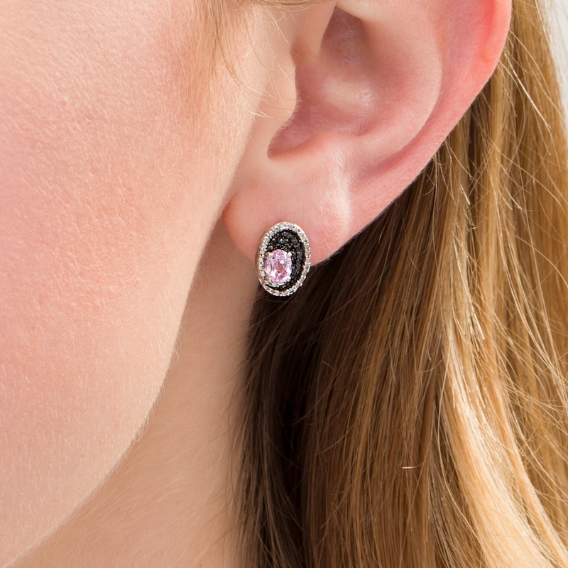 Oval Lab-Created Pink Sapphire and 0.115 CT. T.W. Two-Colour Diamond Stud Earrings in Sterling Silver with Black Rhodium
