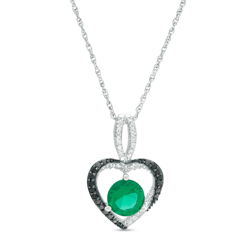 Lab-Created Emerald and 0.065 CT. T.W. Enhanced Black and White Diamond Heart Pendant in Sterling Silver