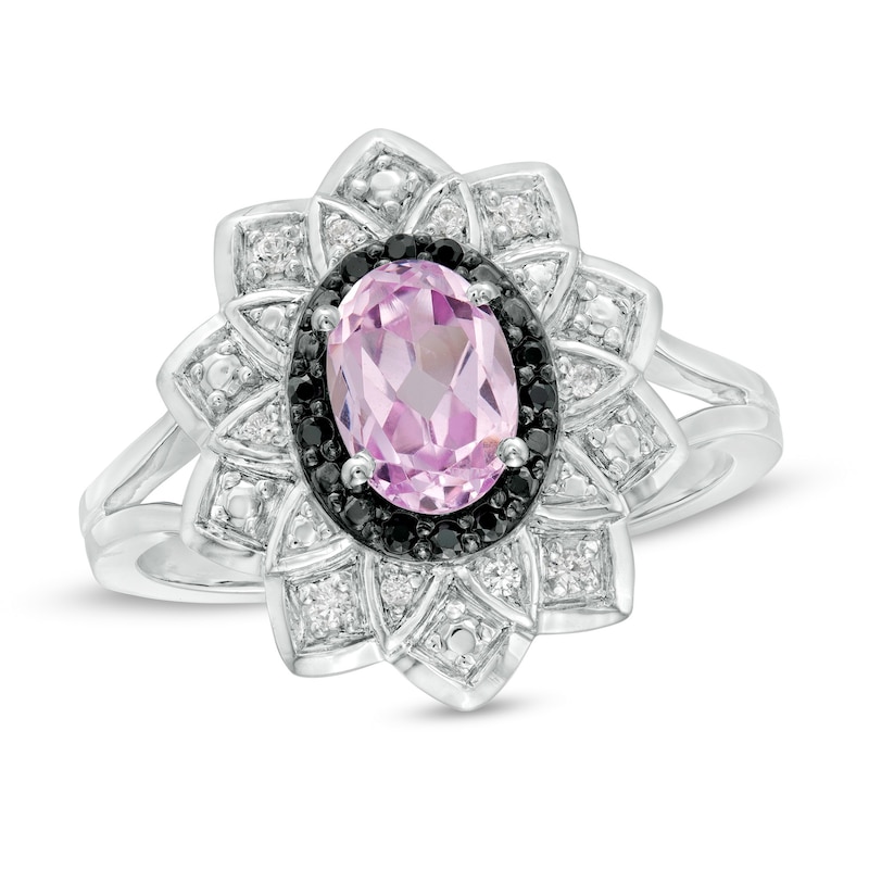 Oval Lab-Created Pink Sapphire and 0.085 CT. T.W. White and Black Diamond Frame Ring in Sterling Silver|Peoples Jewellers