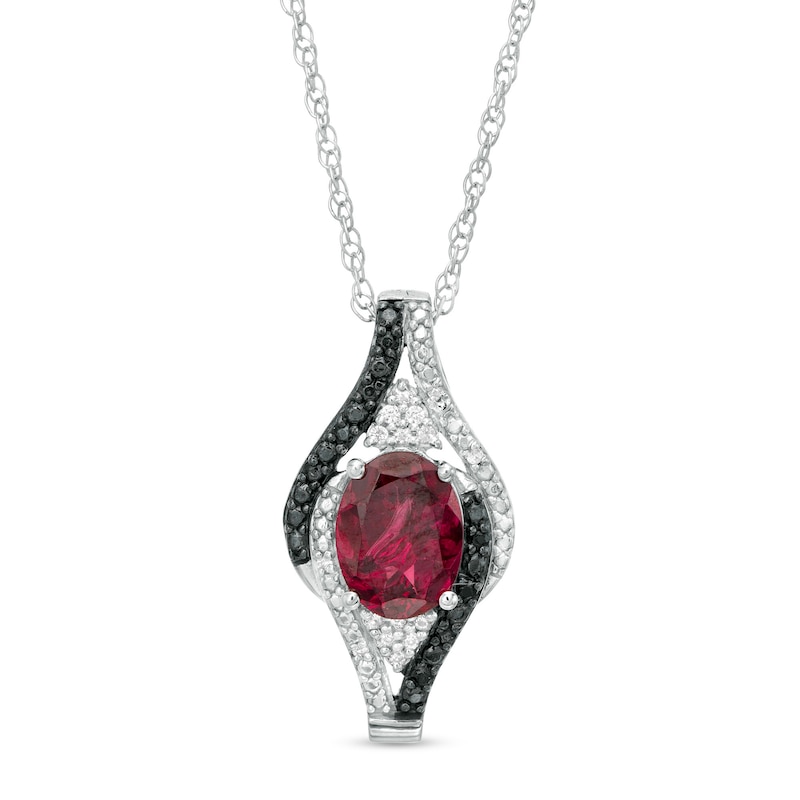 Oval Garnet and 0.085 CT. T.W. White and Black Diamond Bypass Frame Pendant in Sterling Silver