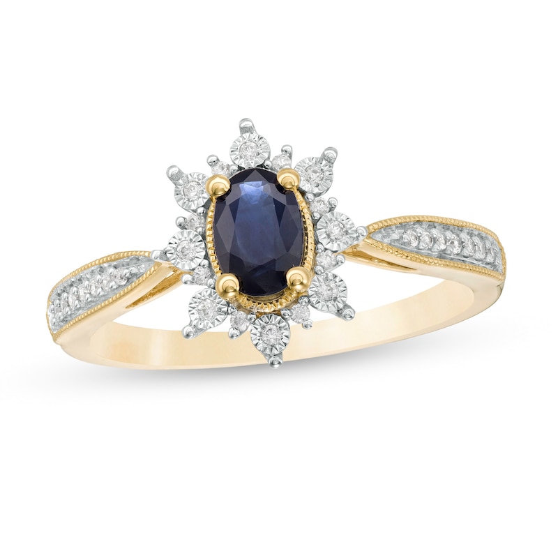 Oval Blue Sapphire and 0.10 CT. T.W. Diamond Starburst Frame Vintage-Style Ring in 10K Gold|Peoples Jewellers