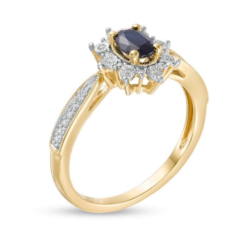 Main Image 3 of Oval Blue Sapphire and 0.10 CT. T.W. Diamond Starburst Frame Vintage-Style Ring in 10K Gold