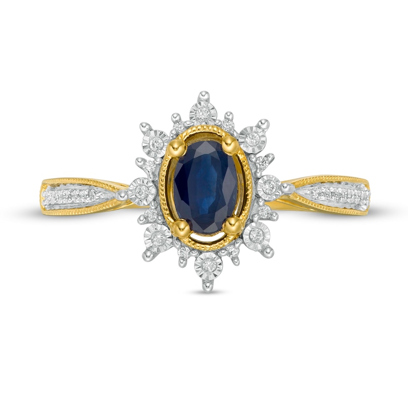 Main Image 4 of Oval Blue Sapphire and 0.10 CT. T.W. Diamond Starburst Frame Vintage-Style Ring in 10K Gold