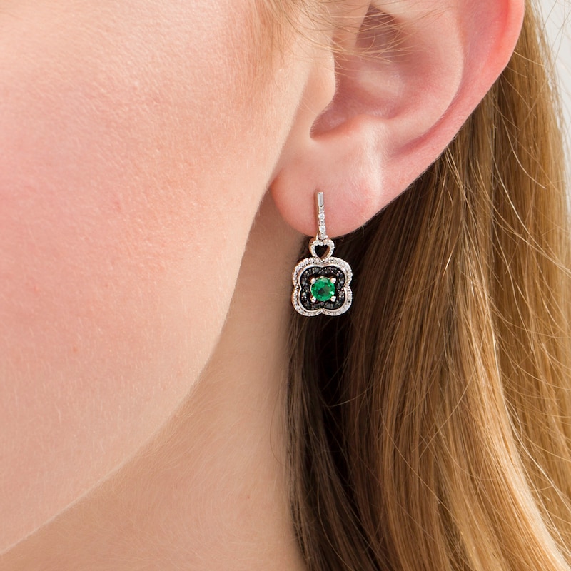 Main Image 2 of 4.0mm Lab-Created Emerald and 0.115 CT. T.W. White and Black Diamond Clover Drop Earrings in Sterling Silver