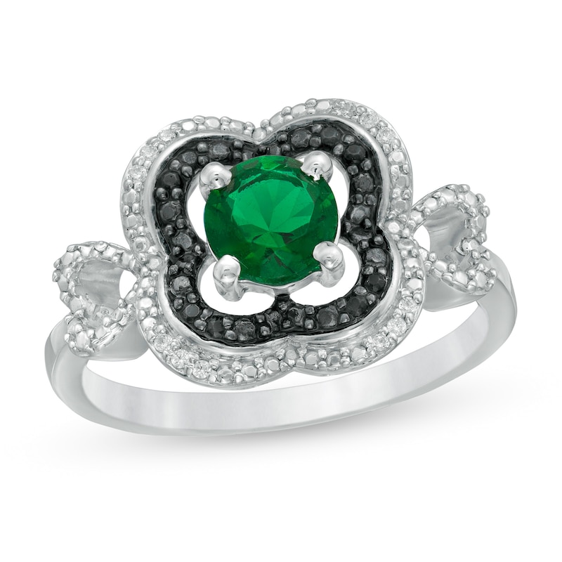 Main Image 1 of 5.6mm Lab-Created Emerald and 0.065 CT. T.W. Diamond Double Clover Frame Ring in Sterling Silver