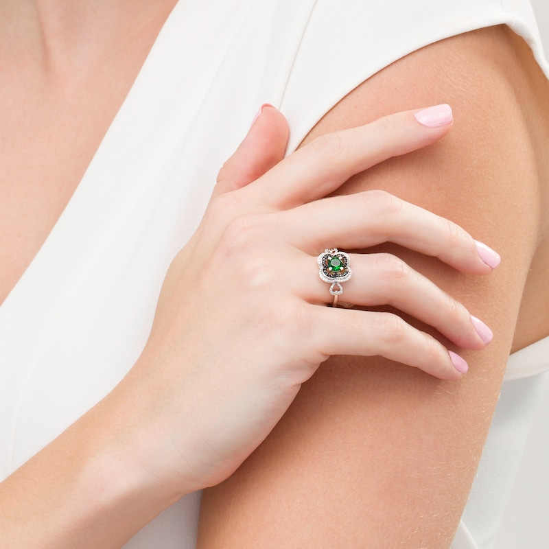 Main Image 2 of 5.6mm Lab-Created Emerald and 0.065 CT. T.W. Diamond Double Clover Frame Ring in Sterling Silver