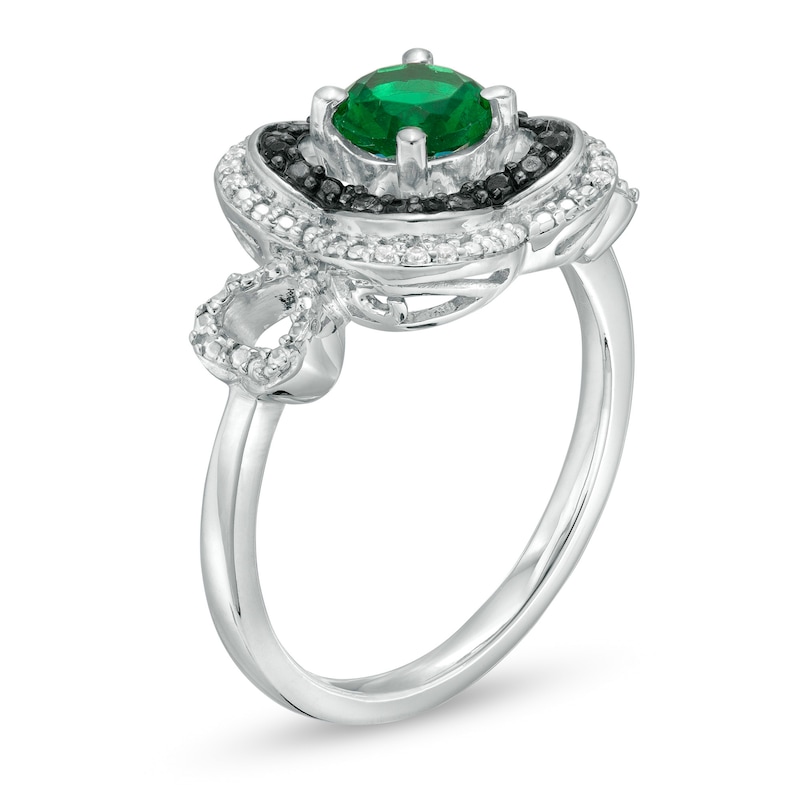 Main Image 3 of 5.6mm Lab-Created Emerald and 0.065 CT. T.W. Diamond Double Clover Frame Ring in Sterling Silver