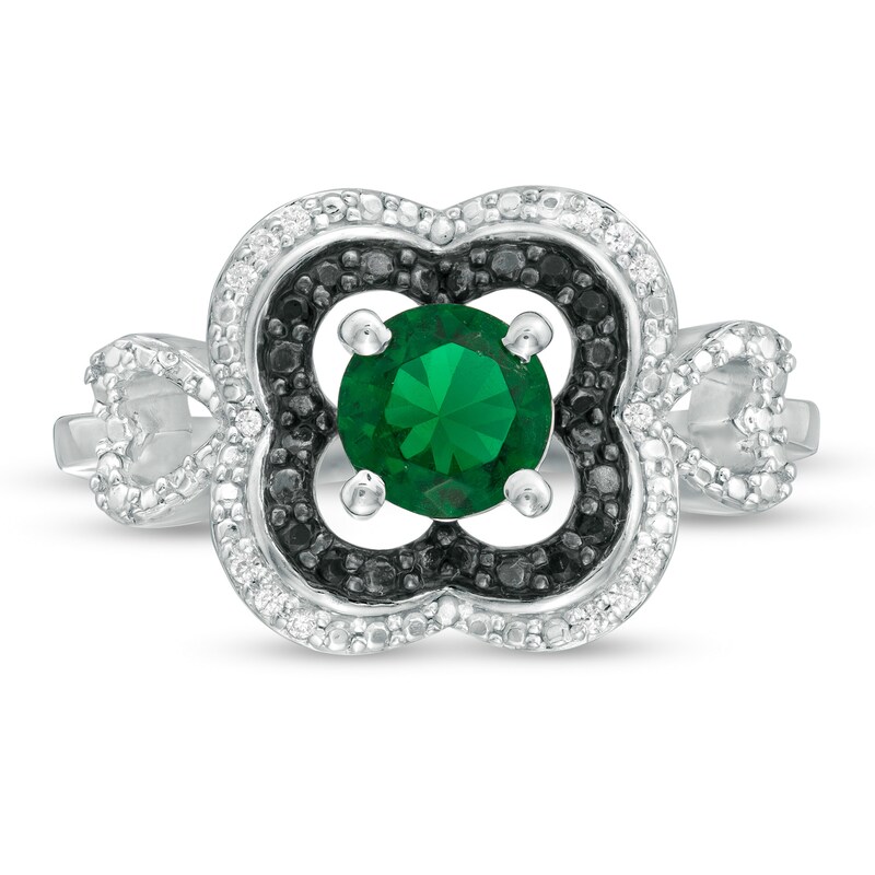 Main Image 4 of 5.6mm Lab-Created Emerald and 0.065 CT. T.W. Diamond Double Clover Frame Ring in Sterling Silver