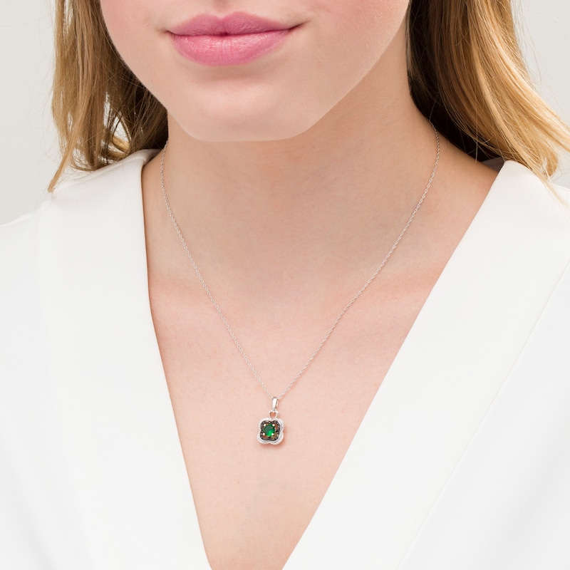 Main Image 2 of 5.5mm Lab-Created Emerald and 0.065 CT. T.W. White and Black Diamond Clover Pendant in Sterling Silver