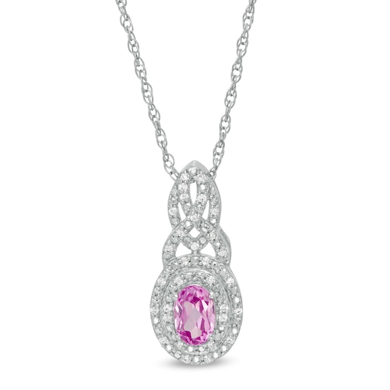 Oval Lab-Created Pink Sapphire and 0.085 CT. T.W. Diamond Double Frame Cascading Pendant in Sterling Silver
