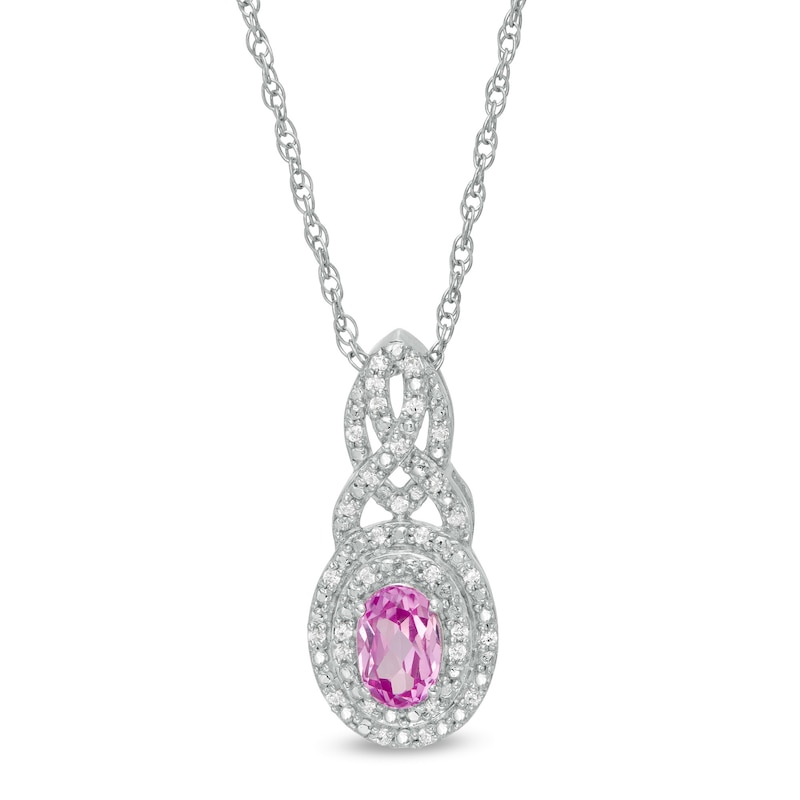 Oval Lab-Created Pink Sapphire and 0.085 CT. T.W. Diamond Double Frame Cascading Pendant in Sterling Silver