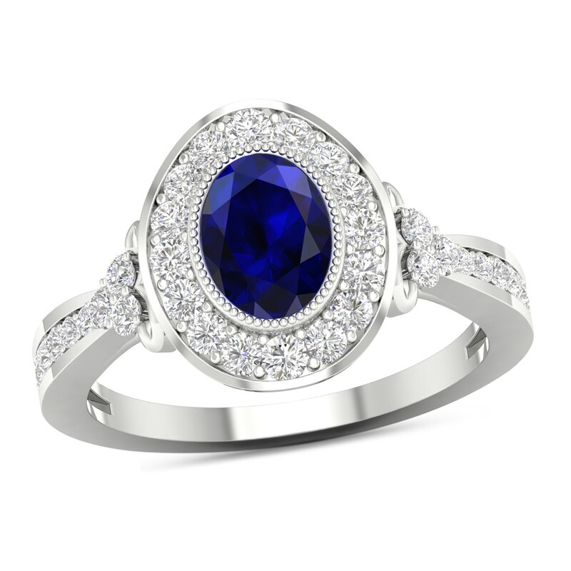 Oval Blue Sapphire and 0.50 CT. T.W. Diamond Frame Tri-Sides Vintage-Style Ring in 10K White Gold