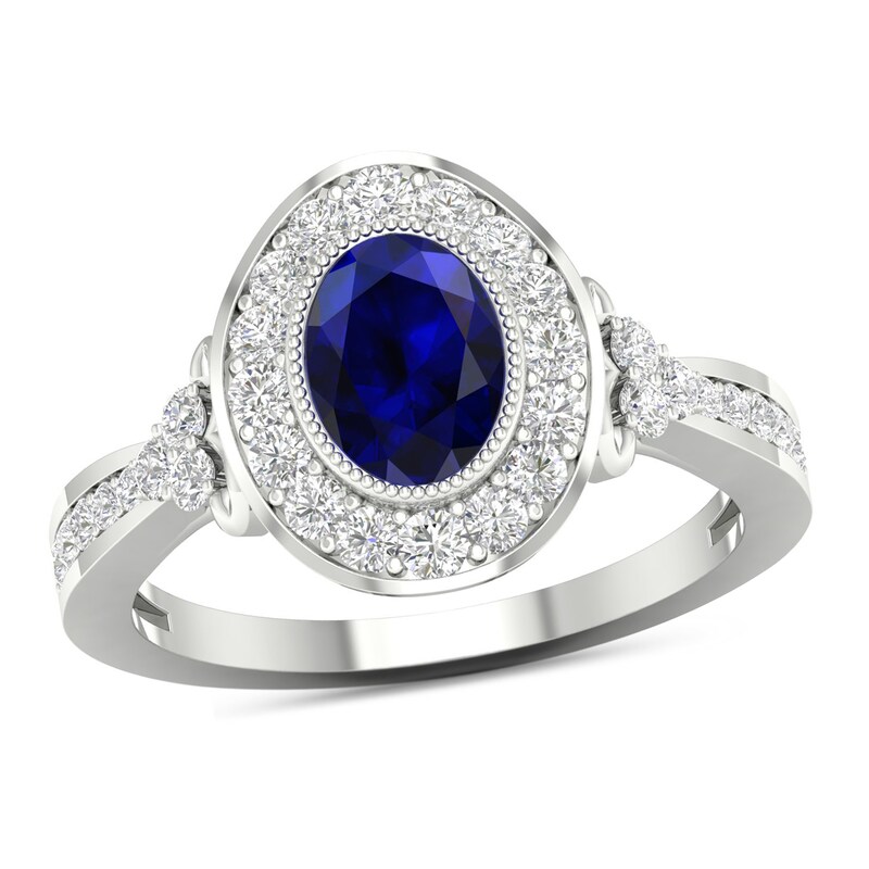 Oval Blue Sapphire and 0.50 CT. T.W. Diamond Frame Tri-Sides Vintage-Style Ring in 10K White Gold|Peoples Jewellers