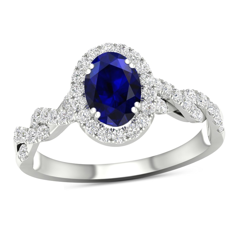 Oval Blue Sapphire and 0.33 CT. T.W. Diamond Frame Twist Shank Ring in 10K White Gold