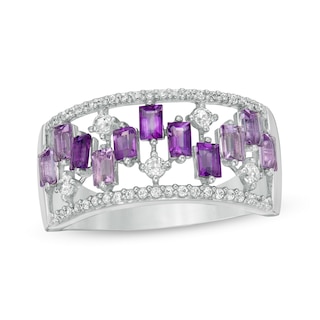 Baguette-Cut Amethyst and White Topaz Zig-Zag and 0.15 CT. T.W. Diamond Open Shank Ring in 10K White Gold