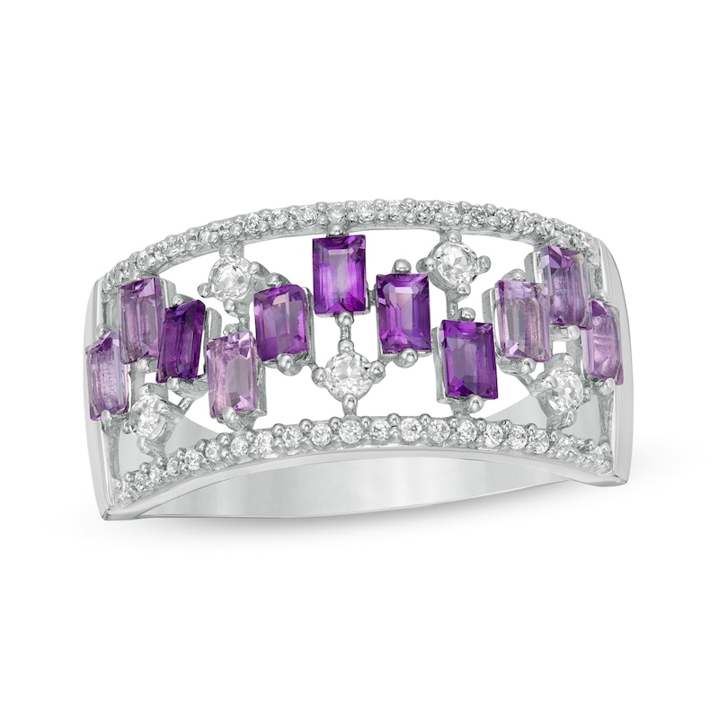 Baguette-Cut Amethyst and White Topaz Zig-Zag and 0.15 CT. T.W. Diamond Open Shank Ring in 10K White Gold