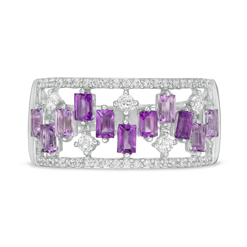 Baguette-Cut Amethyst and White Topaz Zig-Zag and 0.15 CT. T.W. Diamond Open Shank Ring in 10K White Gold