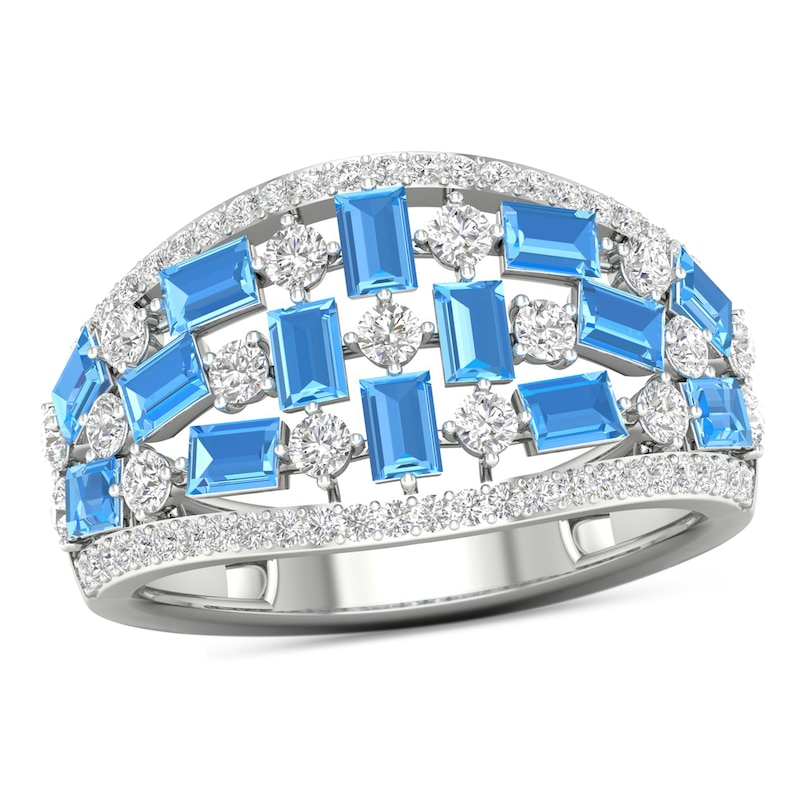 Baguette Swiss Blue and White Topaz and 0.20 CT. T.W. Diamond Edge Quilt Ring in 10K White Gold