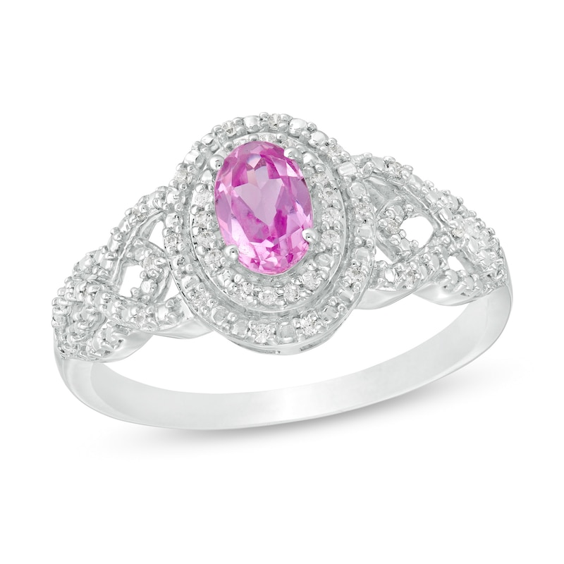 Oval Lab-Created Pink Sapphire and 0.085 CT. T.W. Diamond Double Frame Woven Shank Ring in Sterling Silver|Peoples Jewellers