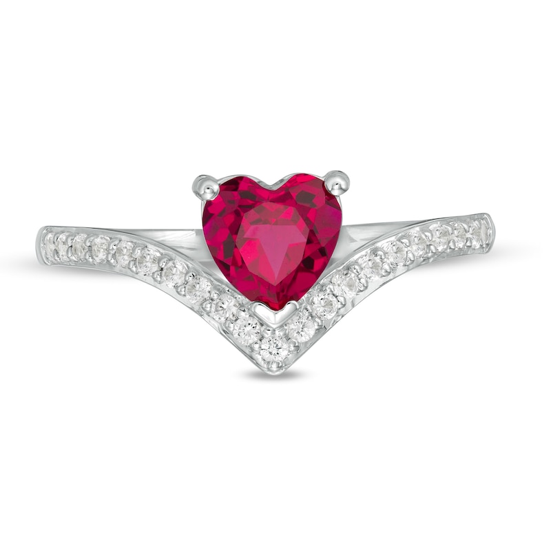 6.0mm Heart-Shaped Lab-Created Ruby and White Sapphire Chevron Ring in Sterling Silver