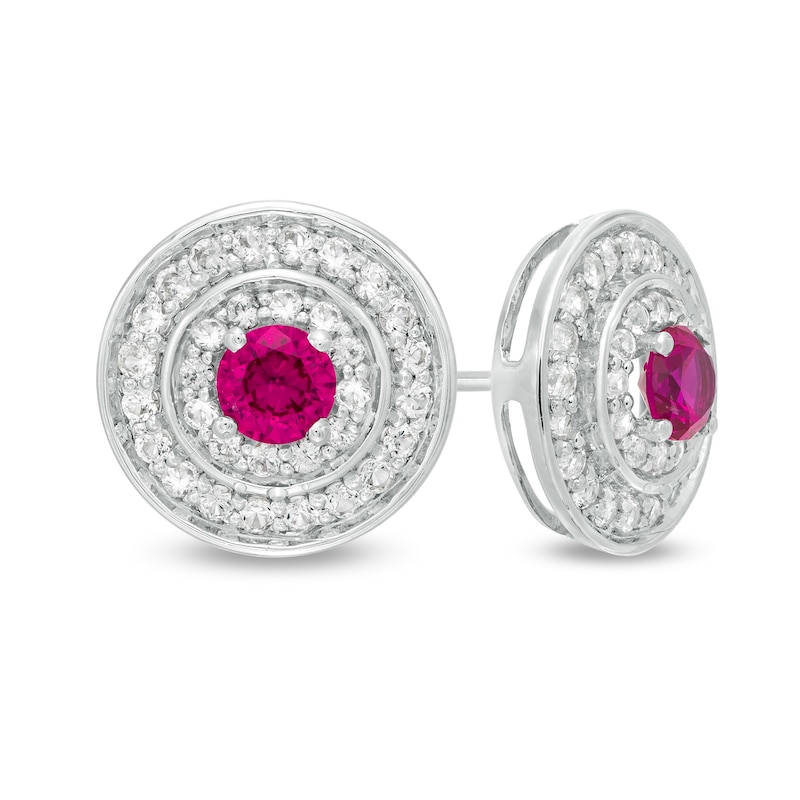 4.0mm Lab-Created Ruby and White Sapphire Double Frame Stud Earrings in Sterling Silver