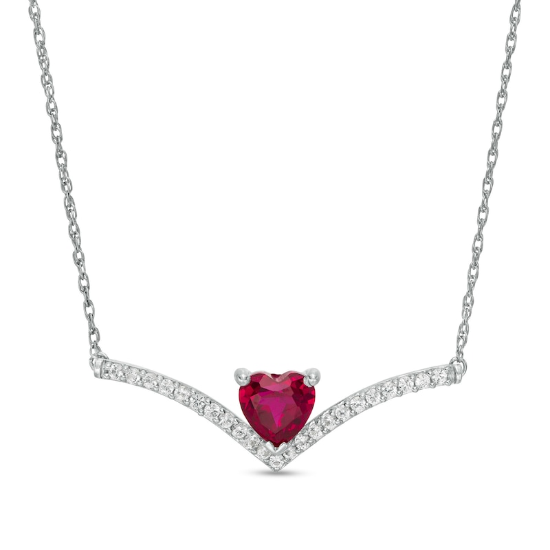 6.0mm Heart-Shaped Lab-Created Ruby and White Sapphire Chevron Necklace in Sterling Silver