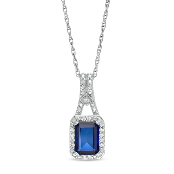 Emerald-Cut Lab-Created Blue Sapphire and 0.04 CT. T.W. Diamond Frame ...