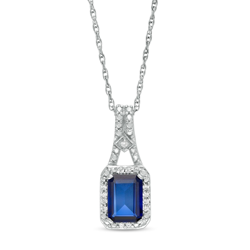 Emerald-Cut Lab-Created Blue Sapphire and 0.04 CT. T.W. Diamond Frame Drop Pendant in Sterling Silver