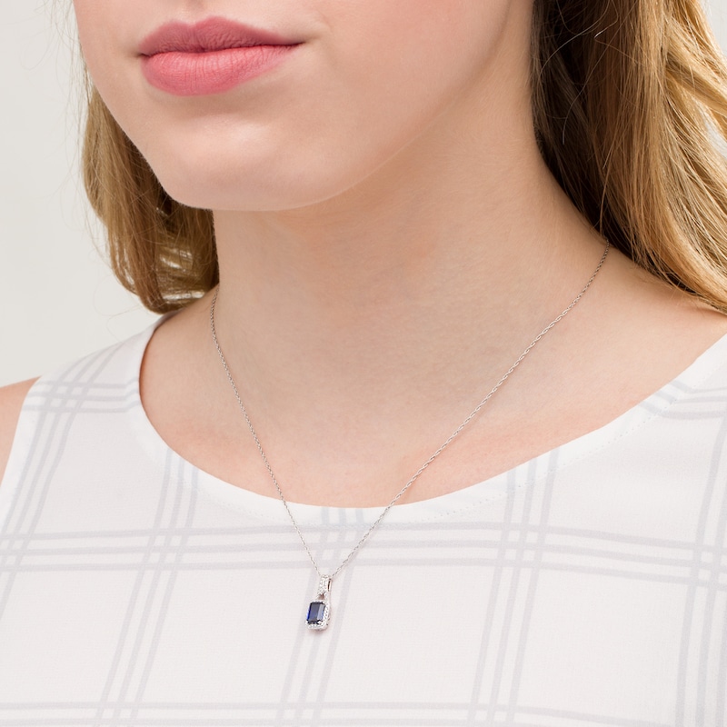 Main Image 2 of Emerald-Cut Lab-Created Blue Sapphire and 0.04 CT. T.W. Diamond Frame Drop Pendant in Sterling Silver