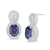 Thumbnail Image 0 of Oval Lab-Created Blue Sapphire and 0.115 CT. T.W. Diamond Frame Vintage-Style Buckle Drop Earrings in Sterling Silver