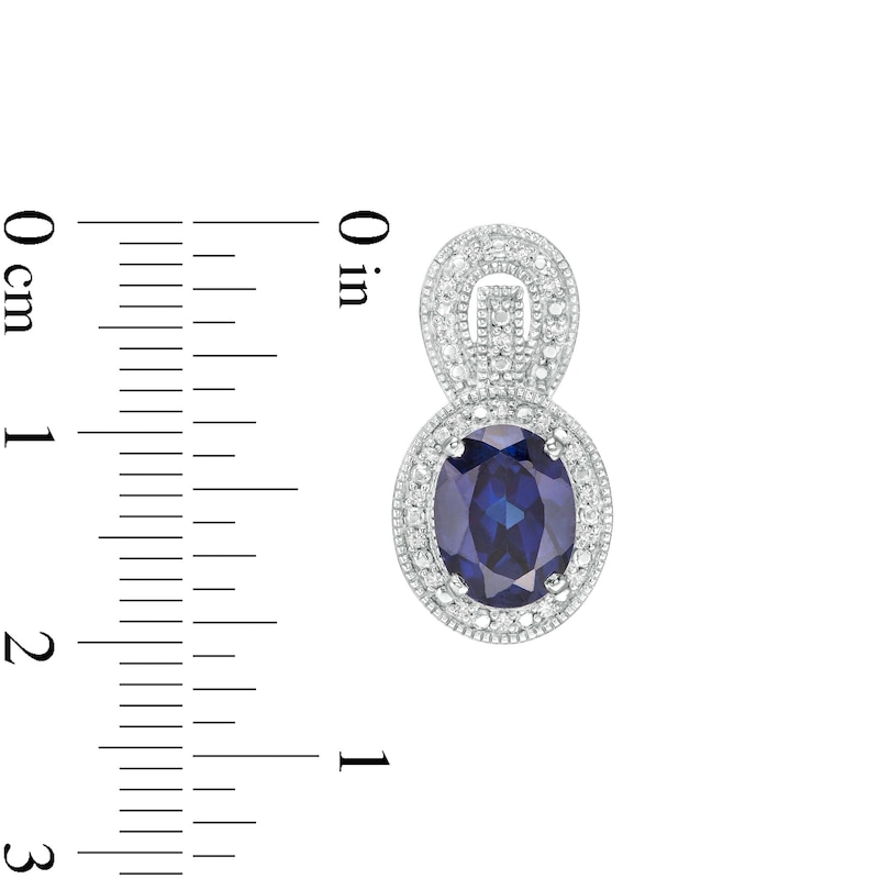 Oval Lab-Created Blue Sapphire and 0.115 CT. T.W. Diamond Frame Vintage-Style Buckle Drop Earrings in Sterling Silver