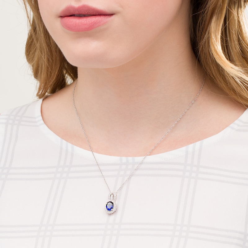 Main Image 2 of Oval Lab-Created Blue Sapphire and 0.065 CT. T.W. Diamond Frame Vintage-Style Drop Pendant in Sterling Silver