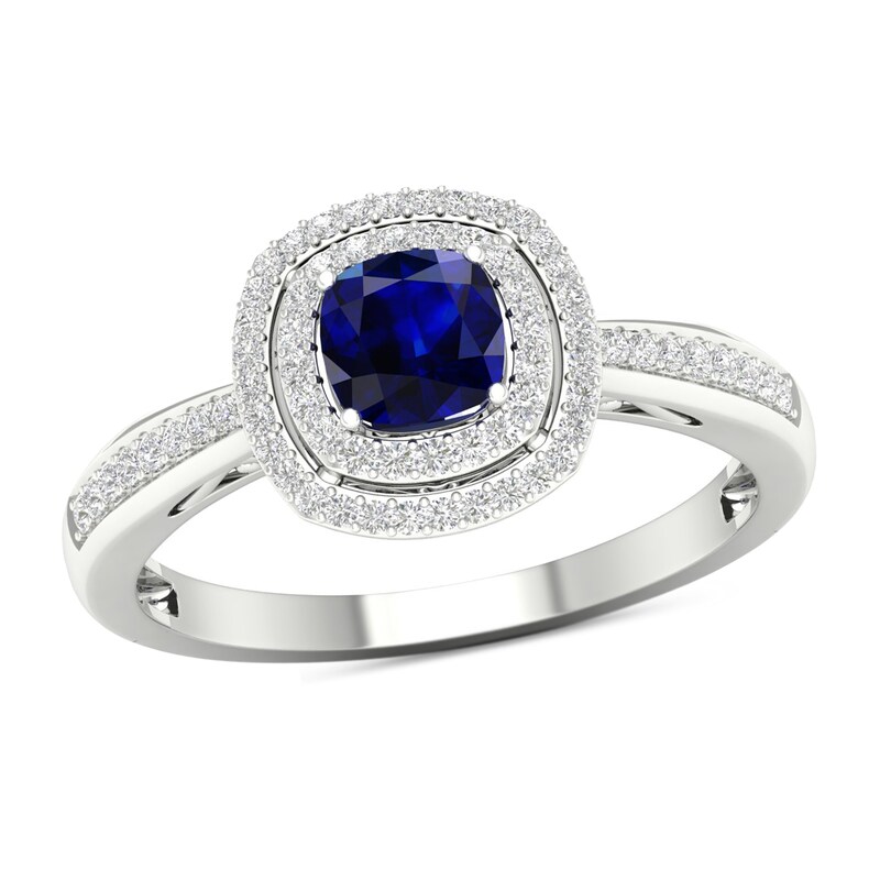 5.0mm Cushion-Cut Blue Sapphire and 0.20 CT. T.W. Diamond Double Frame Ring in 10K White Gold